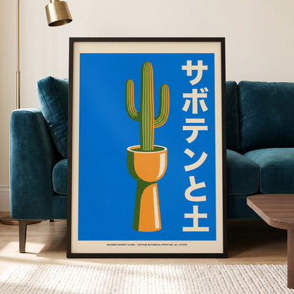 Kyoto Cactus in Blue, blue, green, orange nature wall art displayed in a styled interior, gallery view 5