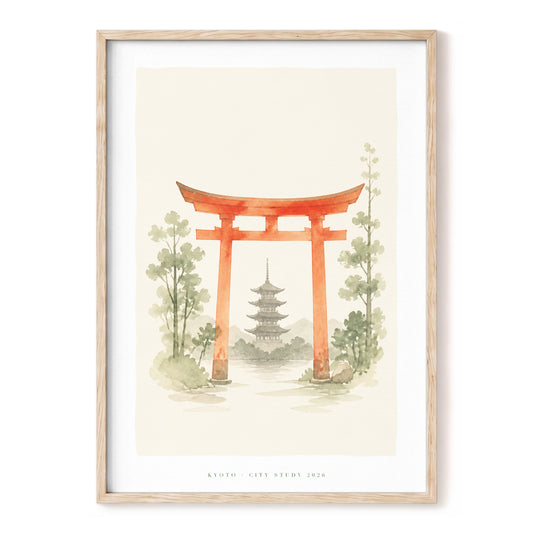 Kyoto Gateway, red, green, beige minimalist wall art, front artwork view