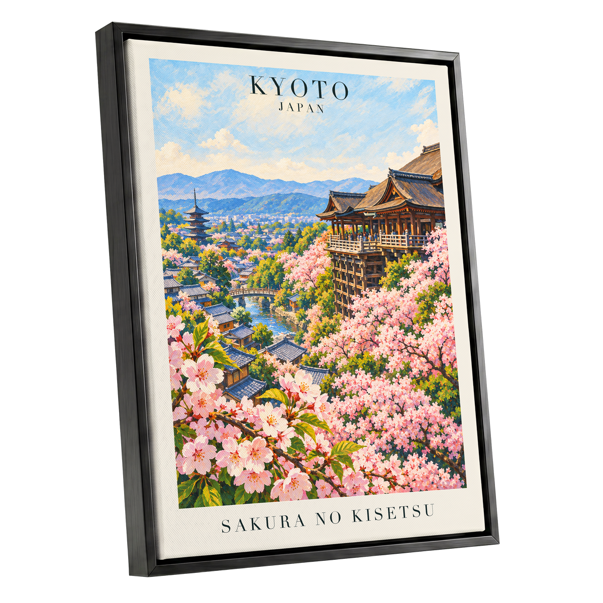 Kyoto in Bloom, pink, blue, green floral wall art shown as a black framed canvas wall art