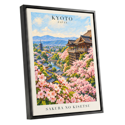 Kyoto in Bloom, pink, blue, green floral wall art shown as a black framed canvas wall art