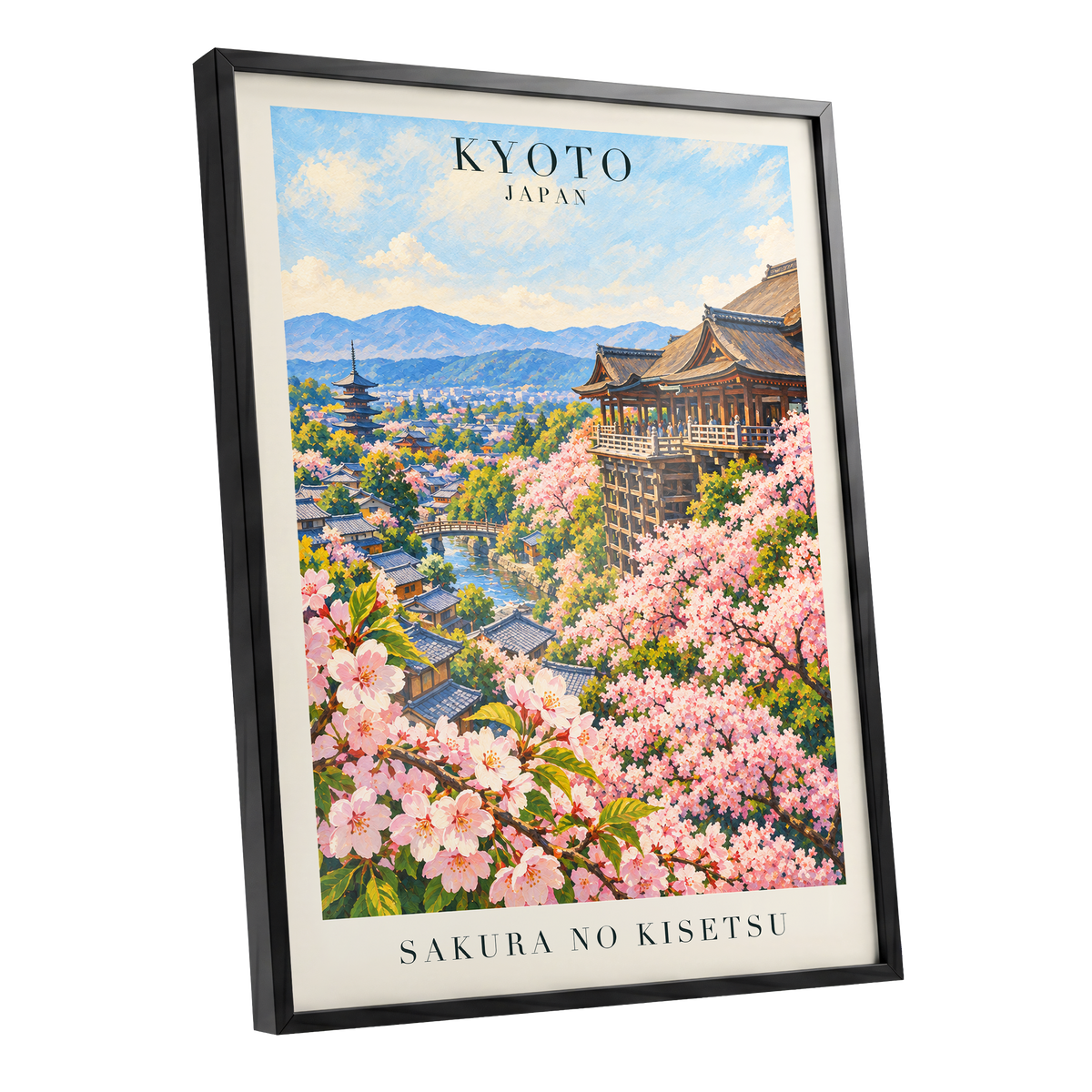 Kyoto in Bloom, pink, blue, green floral wall art shown as a black framed poster wall art print