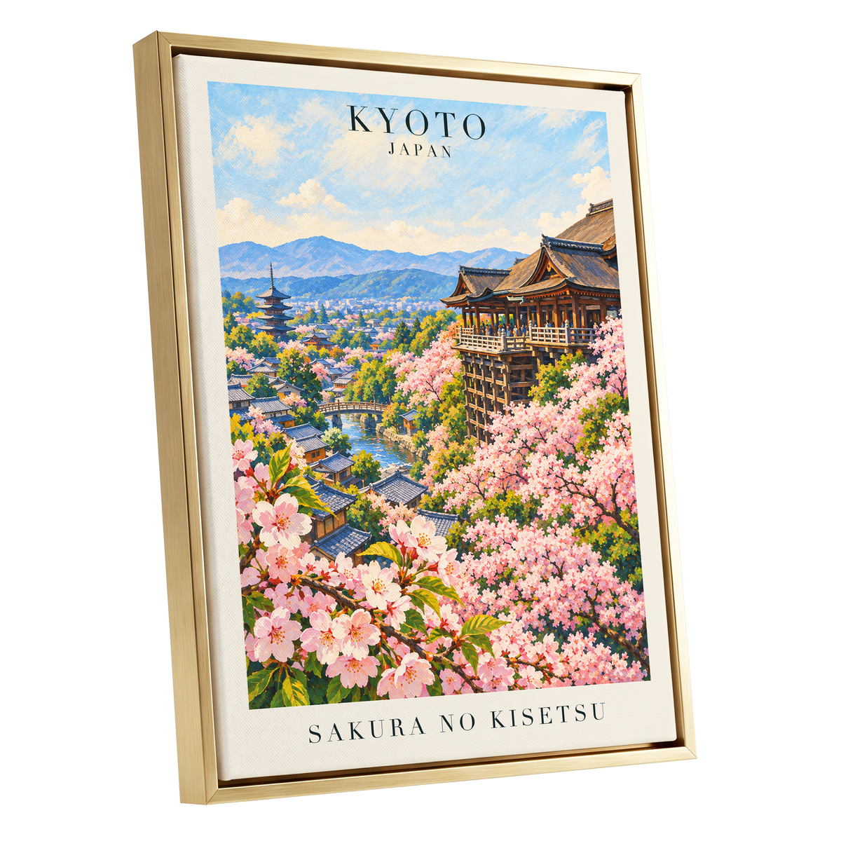 Kyoto in Bloom, pink, blue, green floral wall art shown as a gold framed canvas wall art