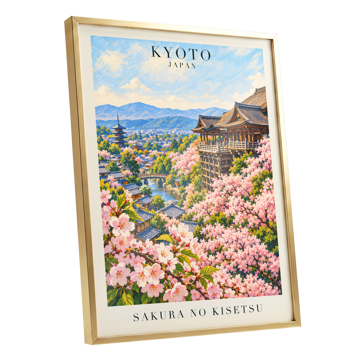 Kyoto in Bloom, pink, blue, green floral wall art shown as a gold framed poster wall art print