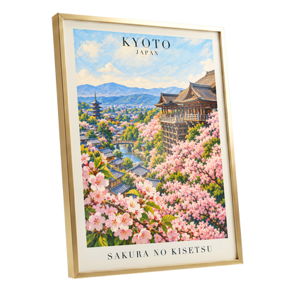 Kyoto in Bloom, pink, blue, green floral wall art shown as a gold framed poster wall art print