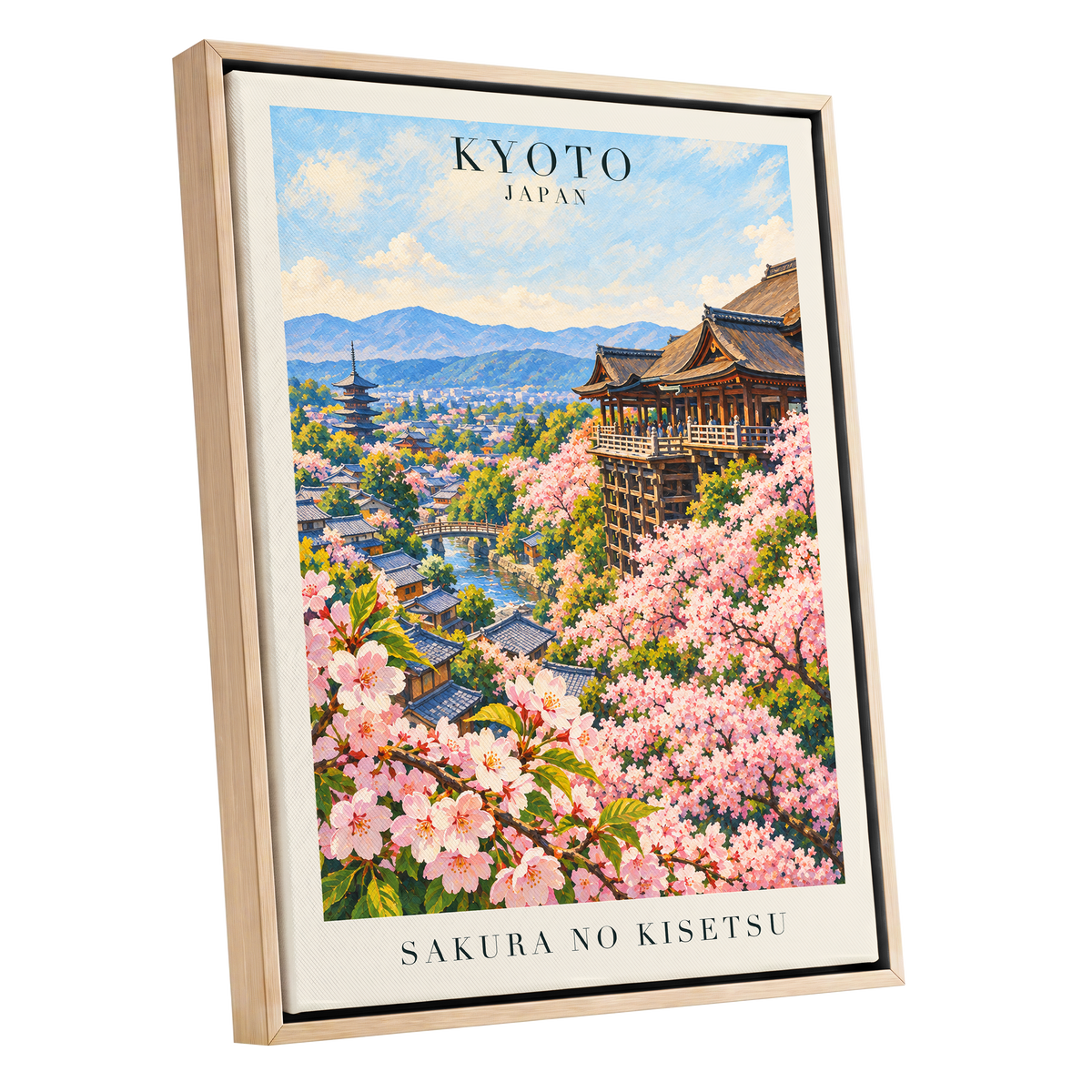 Kyoto in Bloom, pink, blue, green floral wall art shown as a oak framed canvas wall art