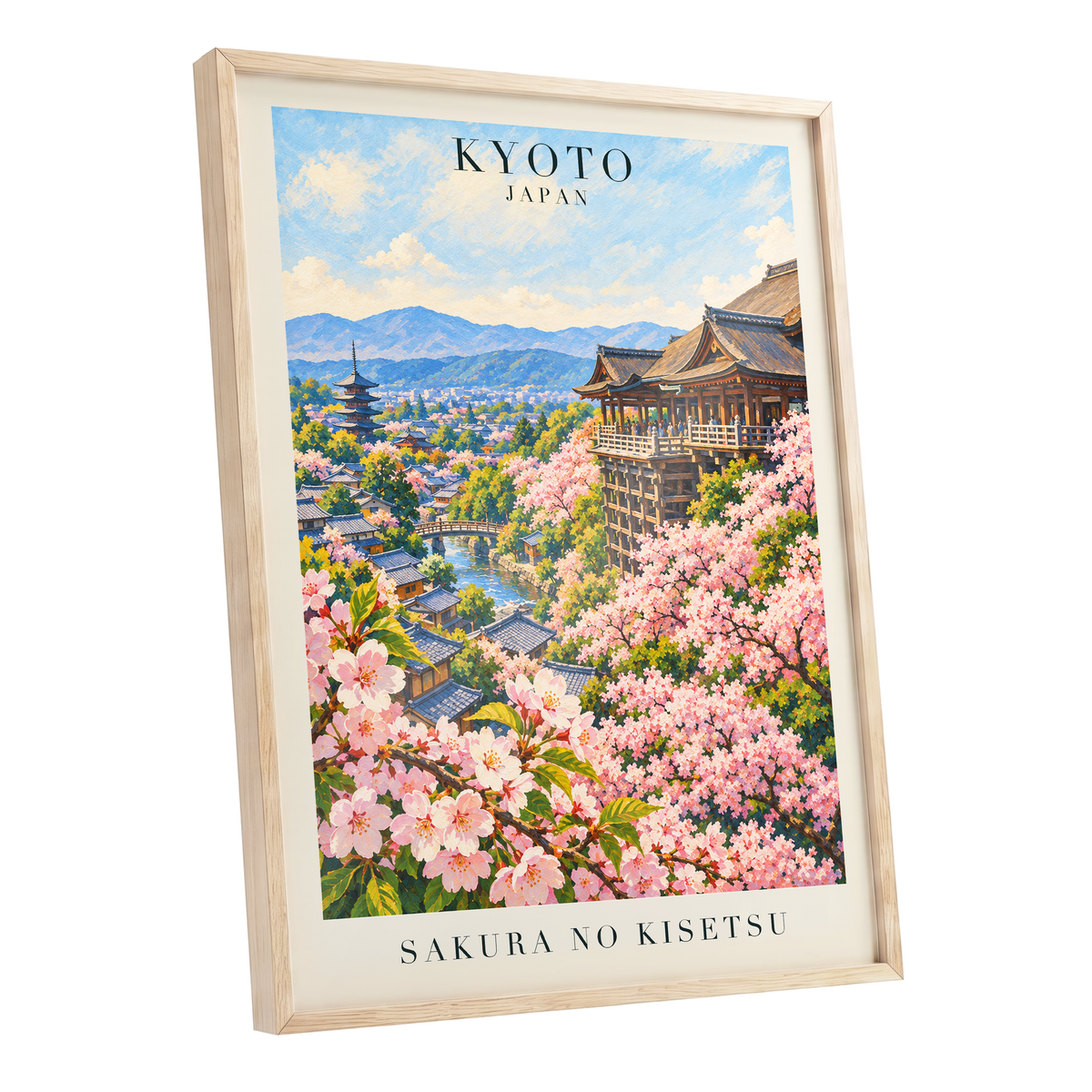 Kyoto in Bloom, pink, blue, green floral wall art shown as a oak framed poster wall art print