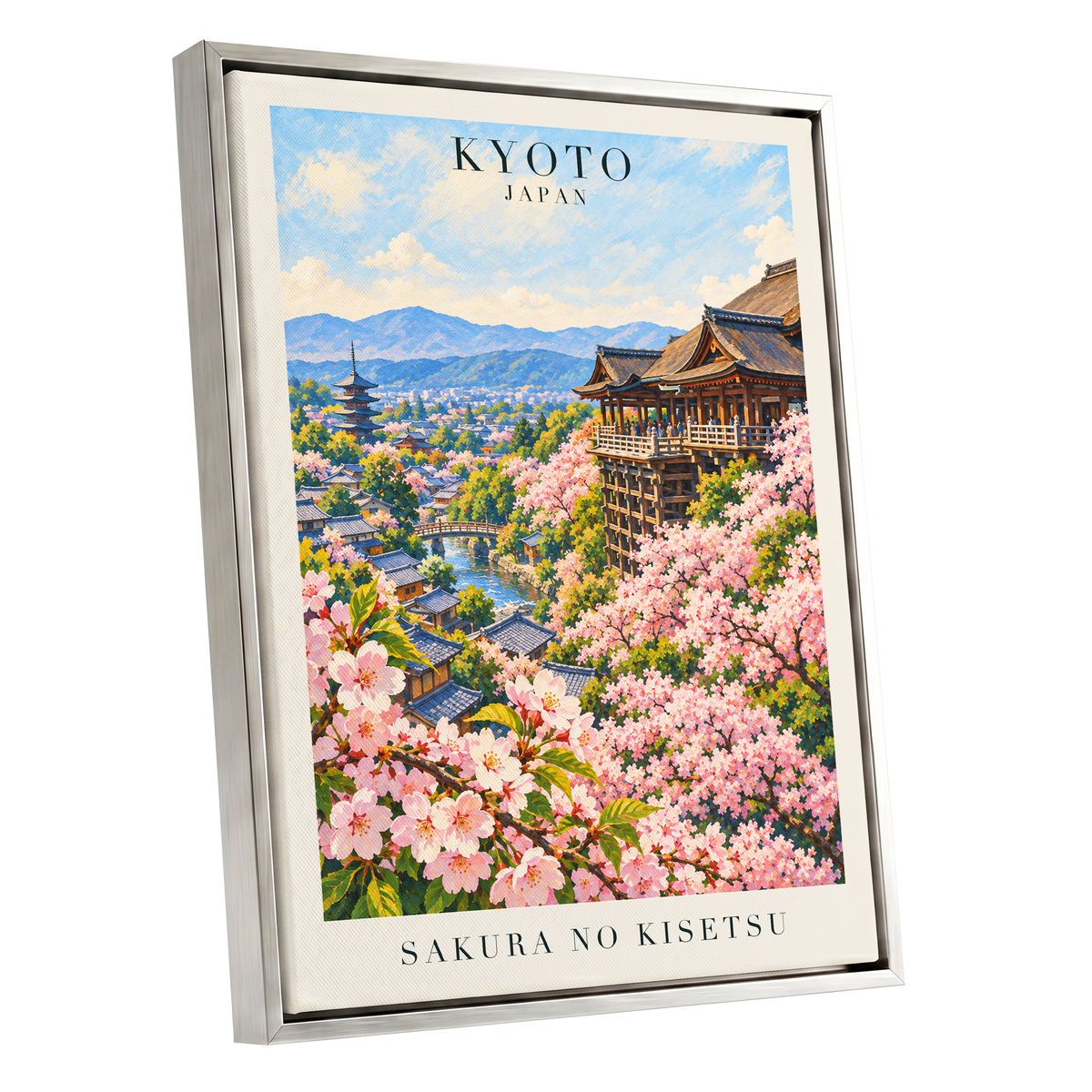 Kyoto in Bloom, pink, blue, green floral wall art shown as a silver framed canvas wall art
