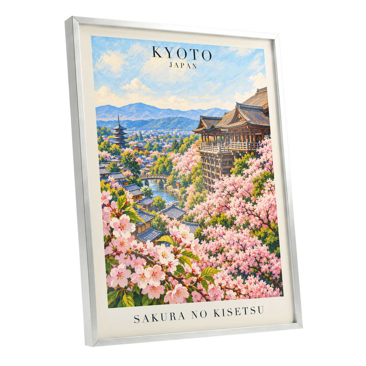 Kyoto in Bloom, pink, blue, green floral wall art shown as a silver framed poster wall art print