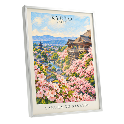 Kyoto in Bloom, pink, blue, green floral wall art shown as a silver framed poster wall art print