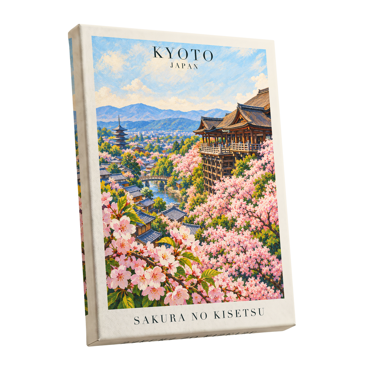 Kyoto in Bloom, pink, blue, green floral wall art shown as a stretched canvas wall art