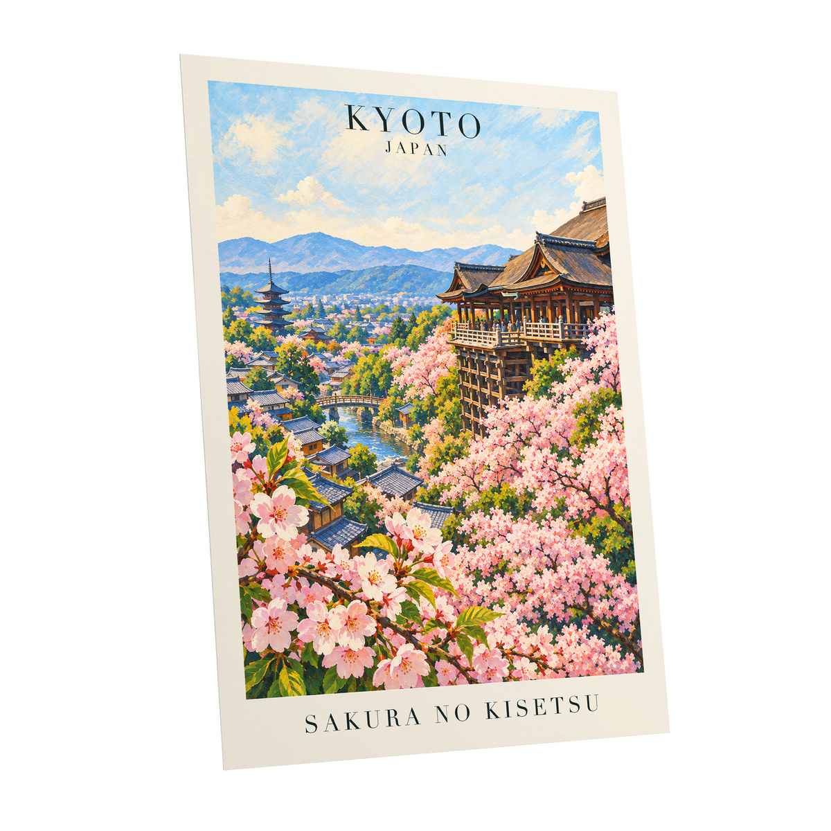 Kyoto in Bloom, pink, blue, green floral wall art shown as a unframed poster wall art print