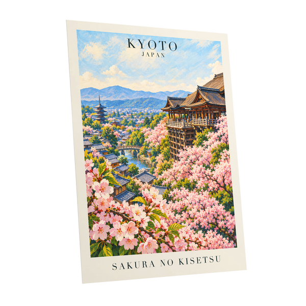 Kyoto in Bloom, pink, blue, green floral wall art shown as a unframed poster wall art print