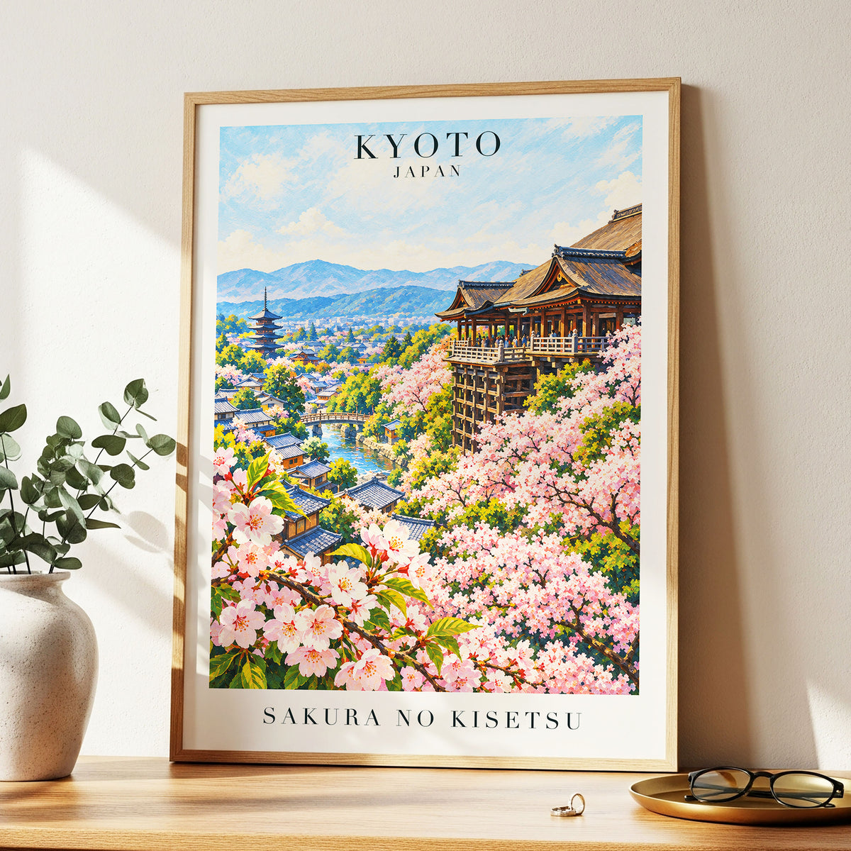 Kyoto in Bloom, pink, blue, green floral wall art displayed in a styled interior, gallery view 2