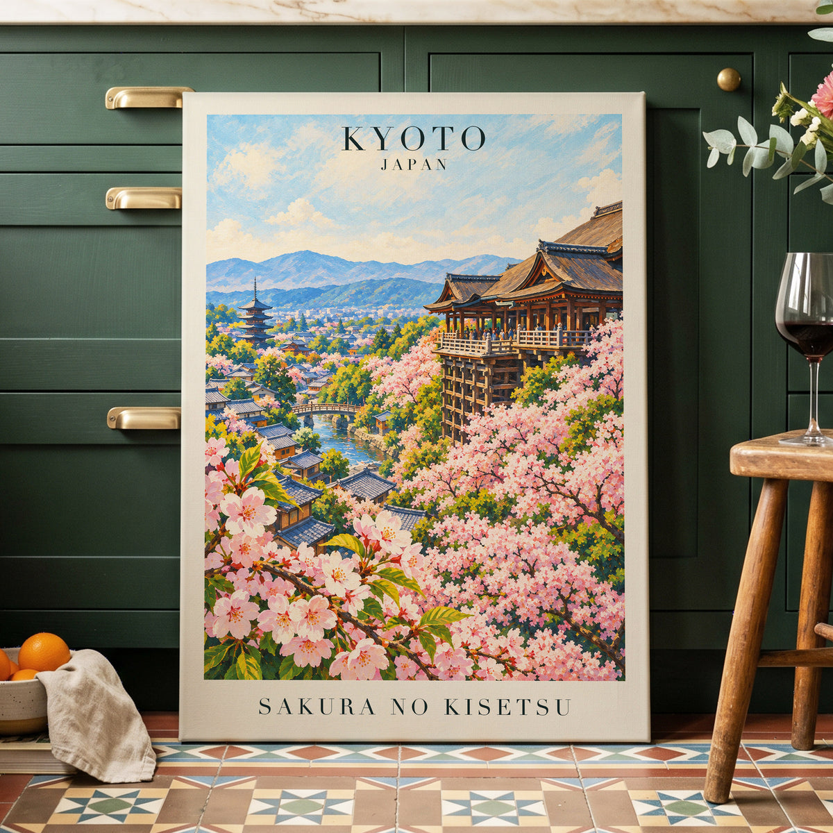 Kyoto in Bloom, pink, blue, green floral wall art displayed in a styled interior, gallery view 3