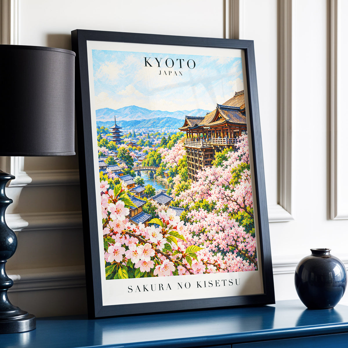 Kyoto in Bloom, pink, blue, green floral wall art displayed in a styled interior, gallery view 6