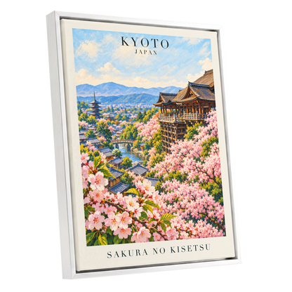 Kyoto in Bloom, pink, blue, green floral wall art shown as a white framed canvas wall art