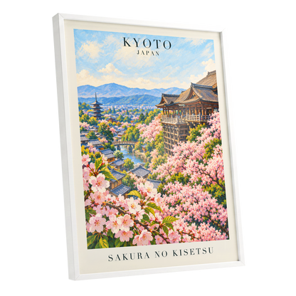 Kyoto in Bloom, pink, blue, green floral wall art shown as a white framed poster wall art print