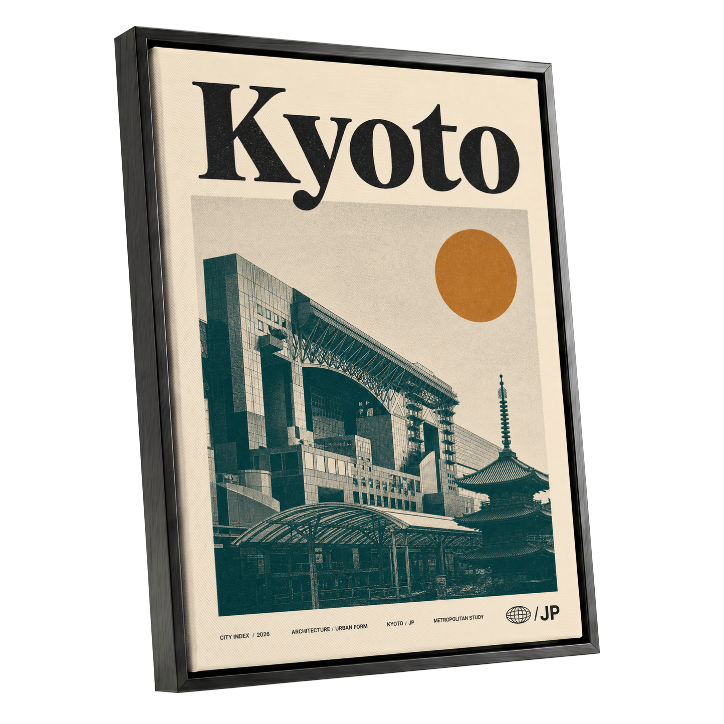 Kyoto Old Meets New, black, green, beige minimalist wall art shown as a black framed canvas wall art