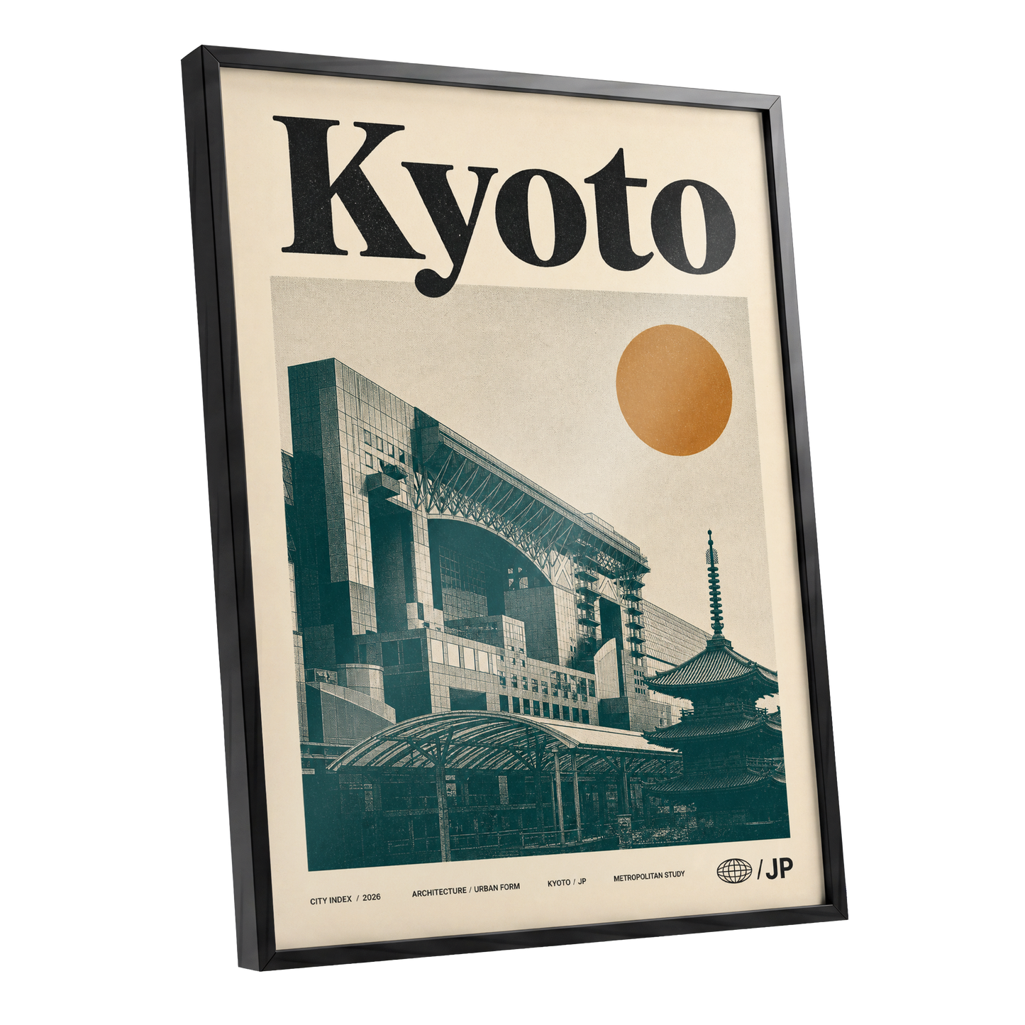 Kyoto Old Meets New, black, green, beige minimalist wall art shown as a black framed poster wall art print