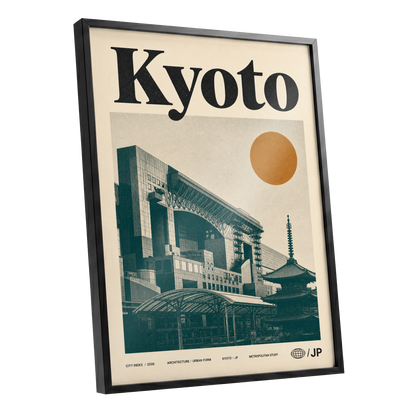 Kyoto Old Meets New, black, green, beige minimalist wall art shown as a black framed poster wall art print