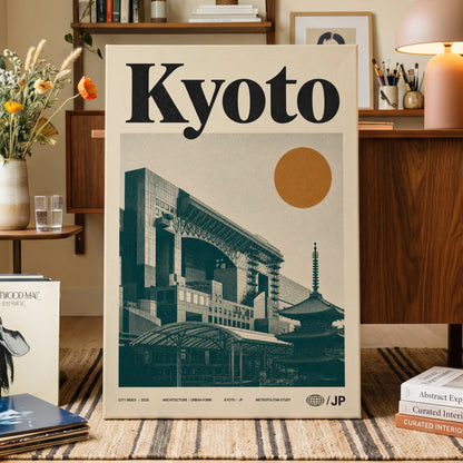 Kyoto Old Meets New, black, green, beige minimalist wall art on canvas displayed in a styled interior, gallery view 1