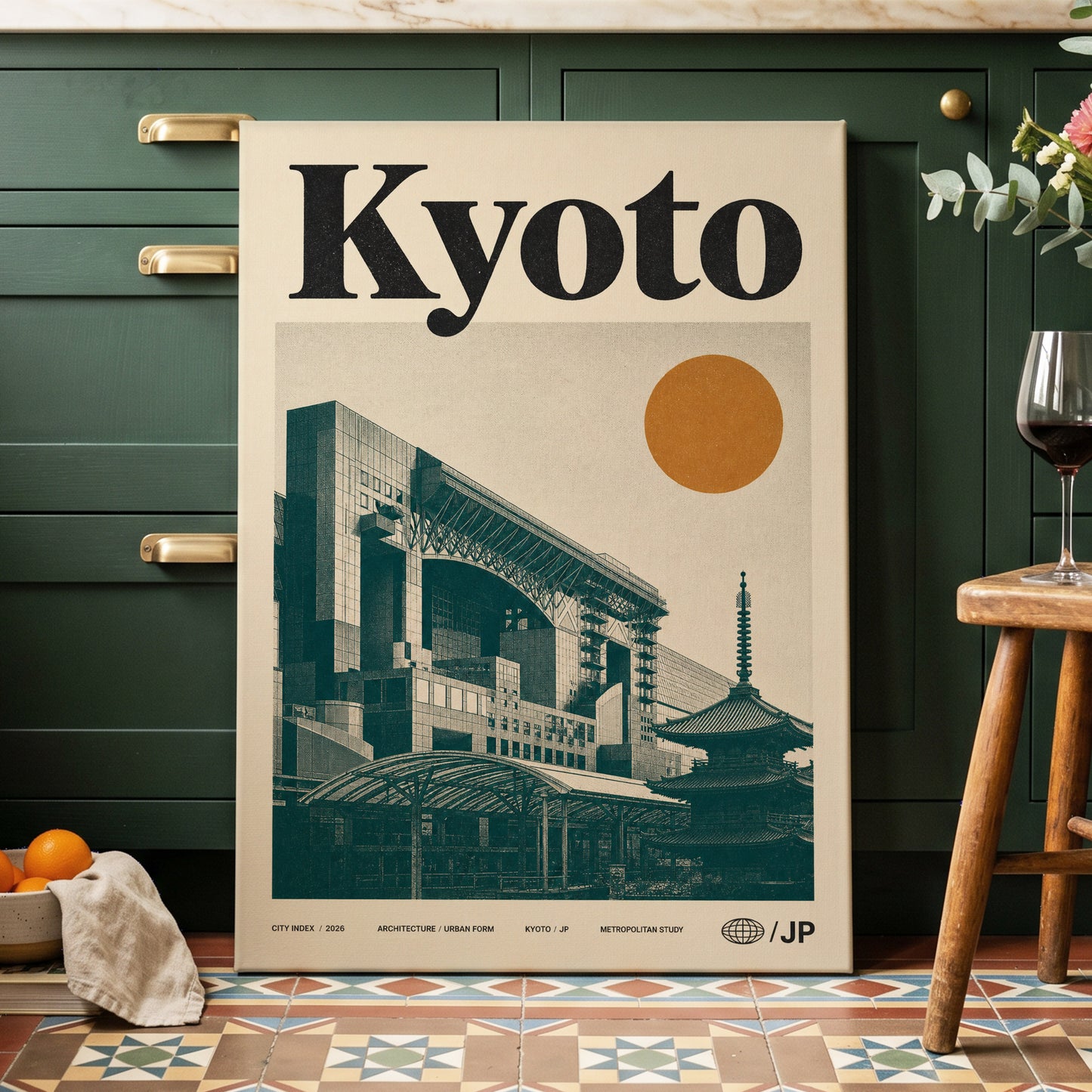Kyoto Old Meets New, black, green, beige minimalist wall art on canvas displayed in a styled interior, gallery view 2