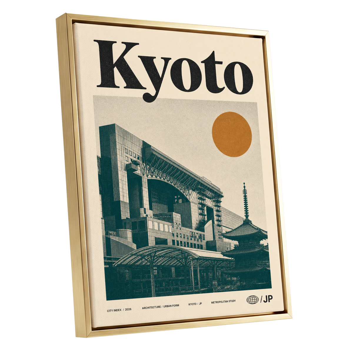 Kyoto Old Meets New, black, green, beige minimalist wall art shown as a gold framed canvas wall art