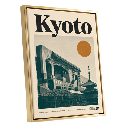 Kyoto Old Meets New, black, green, beige minimalist wall art shown as a gold framed canvas wall art