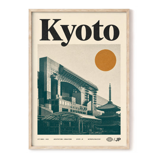 Kyoto Old Meets New, black, green, beige minimalist wall art, front artwork view