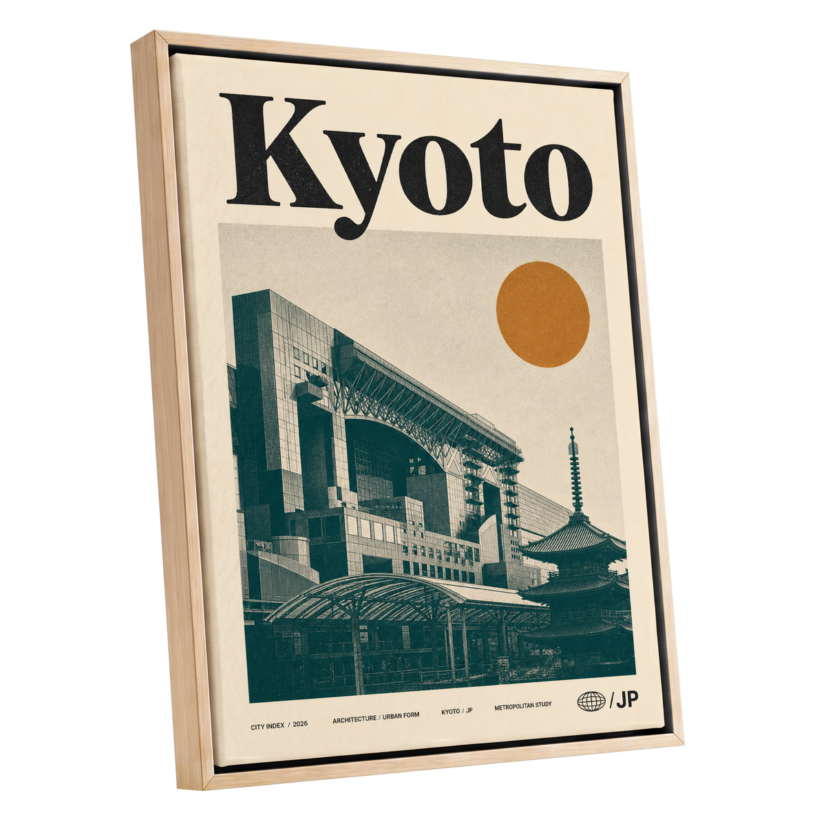 Kyoto Old Meets New, black, green, beige minimalist wall art shown as a oak framed canvas wall art