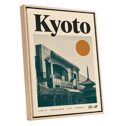 Kyoto Old Meets New, black, green, beige minimalist wall art shown as a oak framed canvas wall art