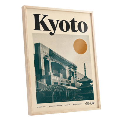 Kyoto Old Meets New, black, green, beige minimalist wall art shown as a oak framed poster wall art print