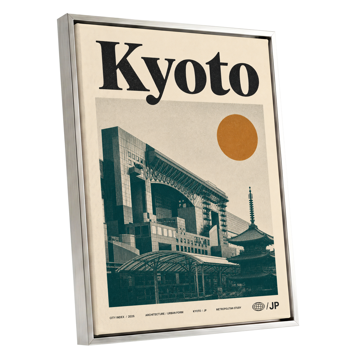 Kyoto Old Meets New, black, green, beige minimalist wall art shown as a silver framed canvas wall art