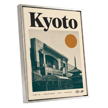 Kyoto Old Meets New, black, green, beige minimalist wall art shown as a silver framed canvas wall art