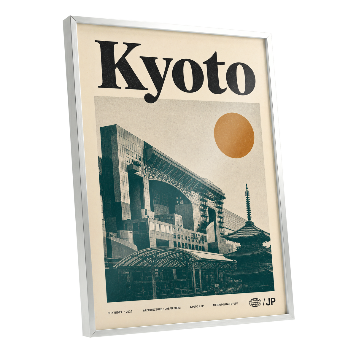 Kyoto Old Meets New, black, green, beige minimalist wall art shown as a silver framed poster wall art print