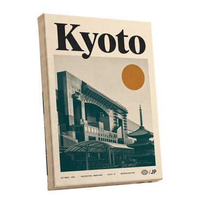 Kyoto Old Meets New, black, green, beige minimalist wall art shown as a stretched canvas wall art