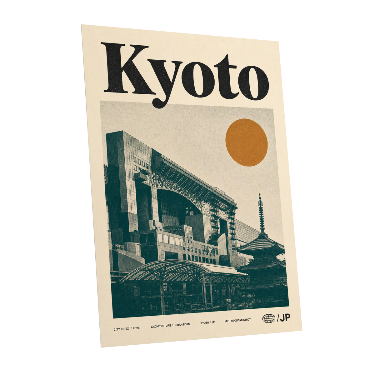 Kyoto Old Meets New, black, green, beige minimalist wall art shown as a unframed poster wall art print