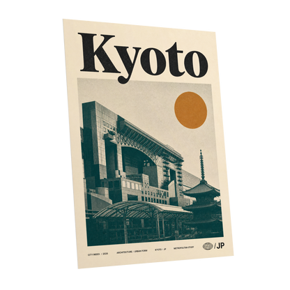 Kyoto Old Meets New, black, green, beige minimalist wall art shown as a unframed poster wall art print