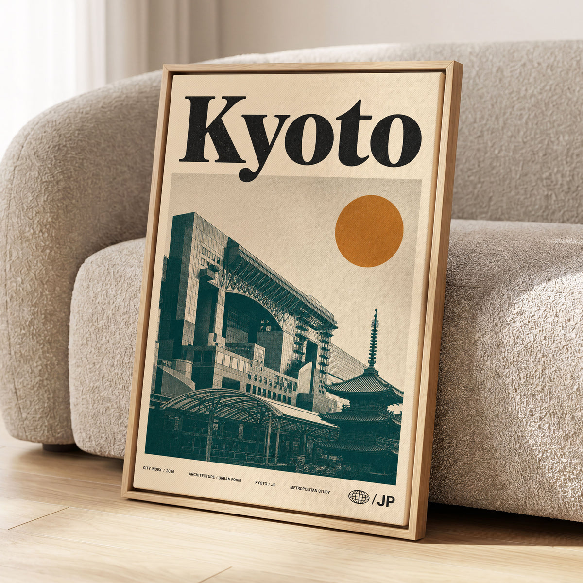Kyoto Old Meets New, black, green, beige minimalist wall art displayed in a styled interior, gallery view 1