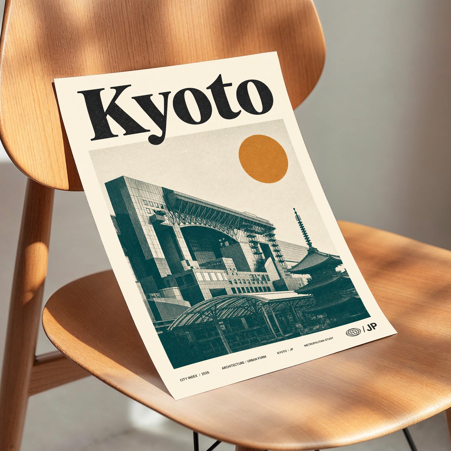 Kyoto Old Meets New, black, green, beige minimalist wall art displayed in a styled interior, gallery view 3