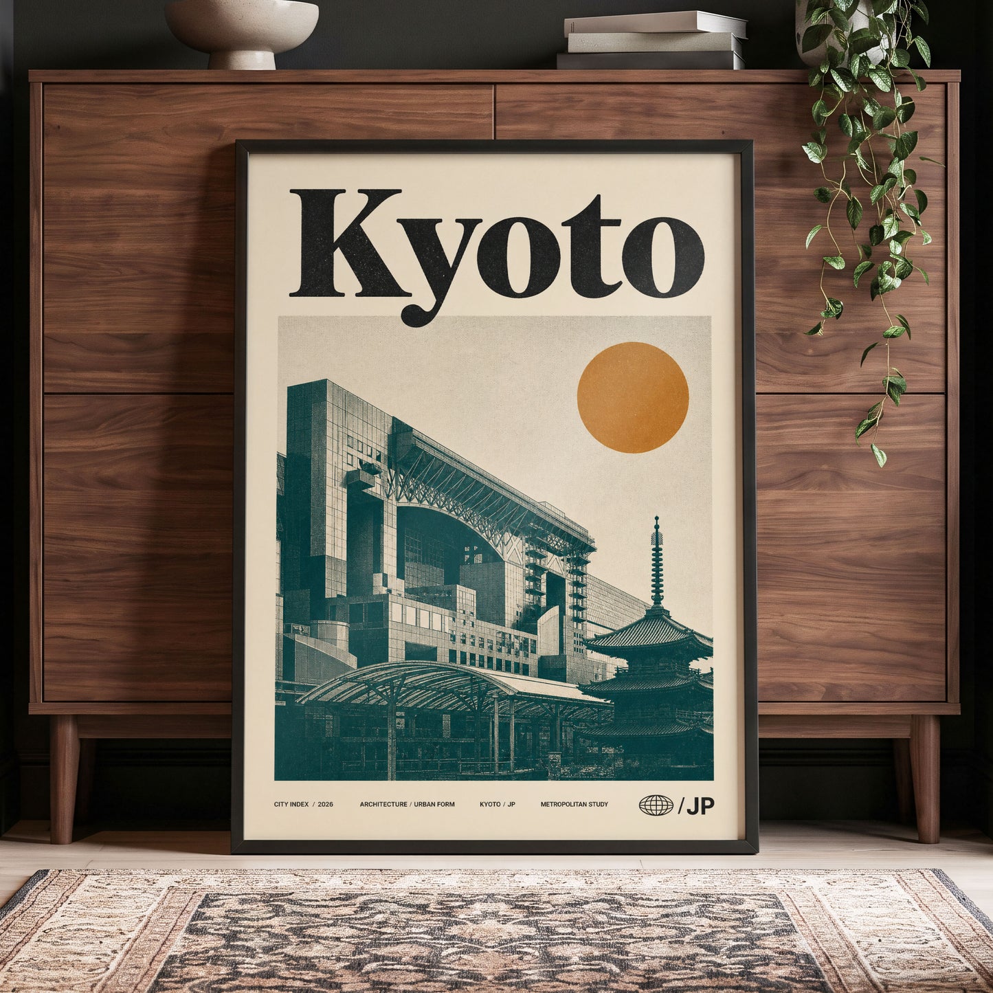 Kyoto Old Meets New, black, green, beige minimalist wall art displayed in a styled interior, gallery view 4