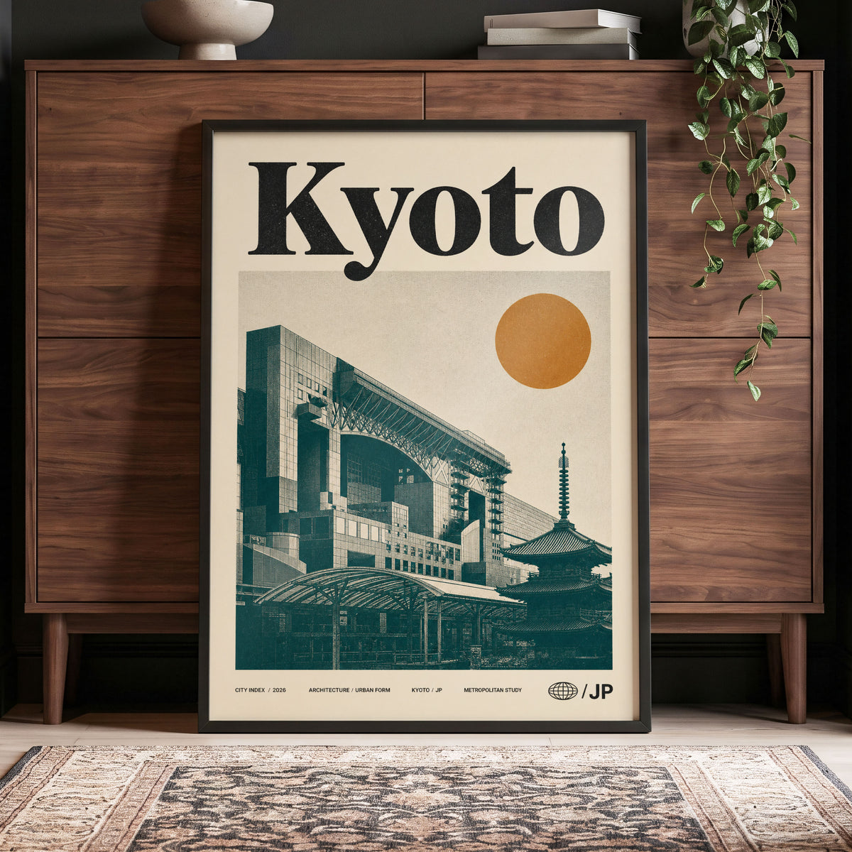 Kyoto Old Meets New, black, green, beige minimalist wall art displayed in a styled interior, gallery view 4