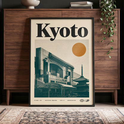 Kyoto Old Meets New, black, green, beige minimalist wall art displayed in a styled interior, gallery view 4