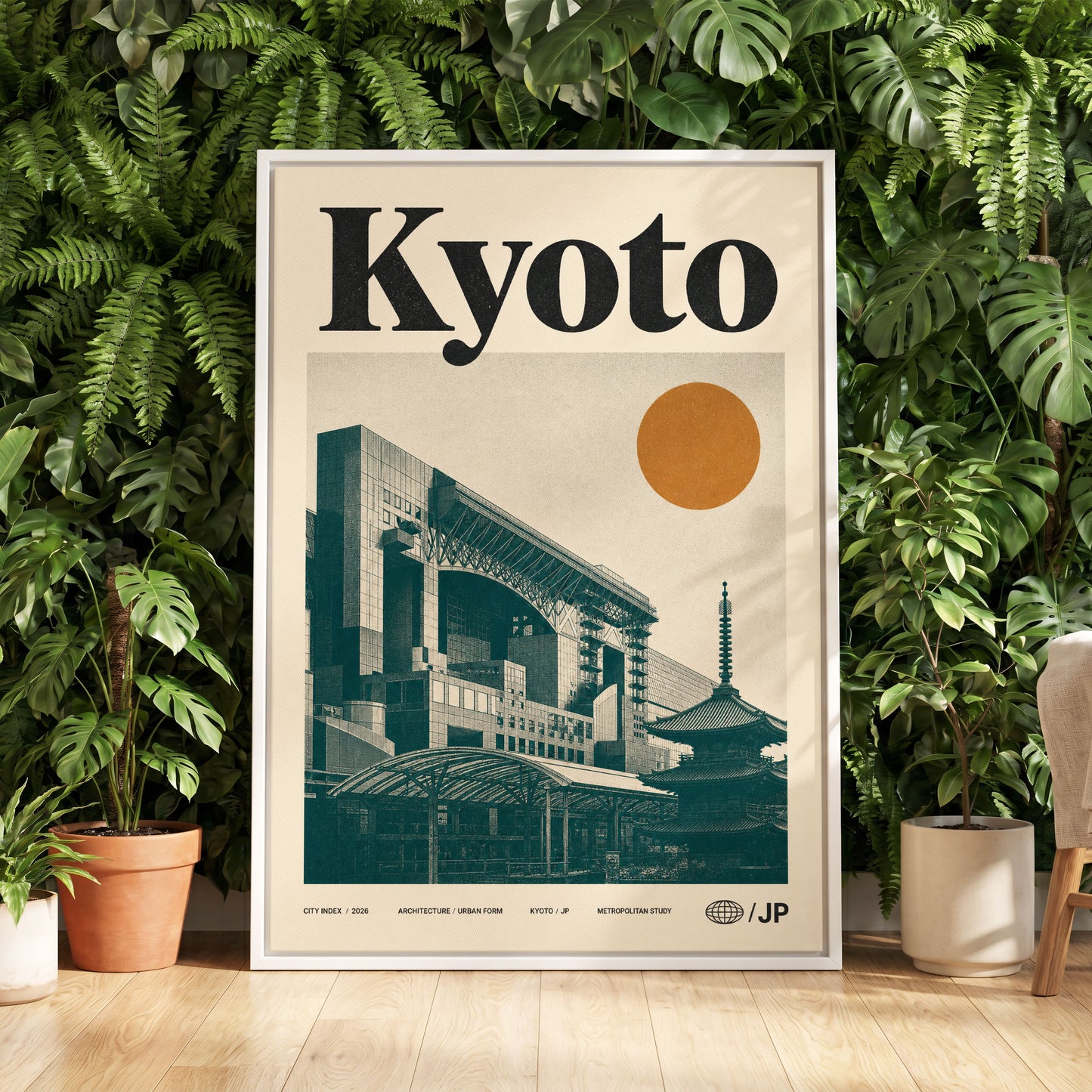 Kyoto Old Meets New, black, green, beige minimalist wall art displayed in a styled interior, gallery view 5