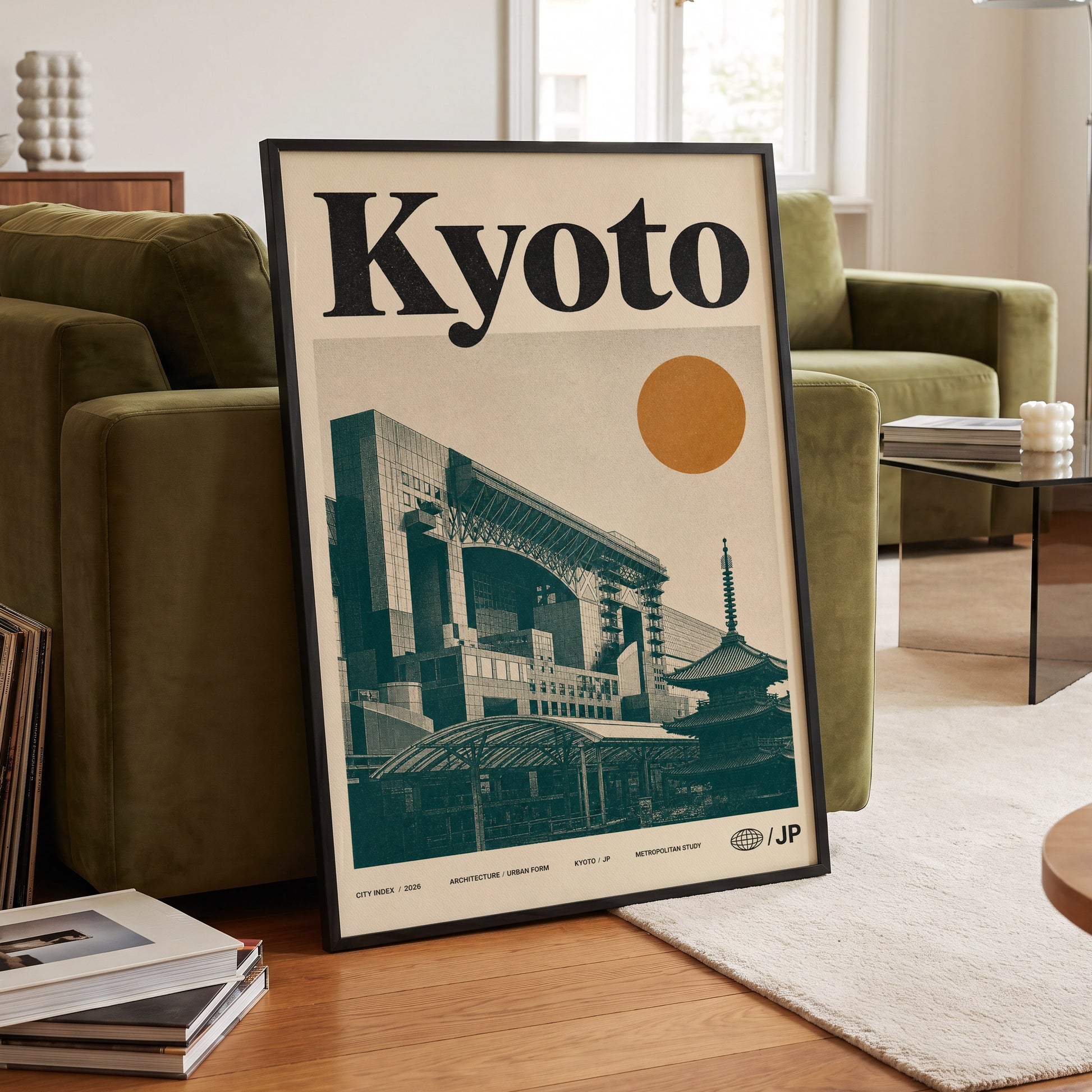 Kyoto Old Meets New, black, green, beige minimalist wall art displayed in a styled interior, gallery view 6