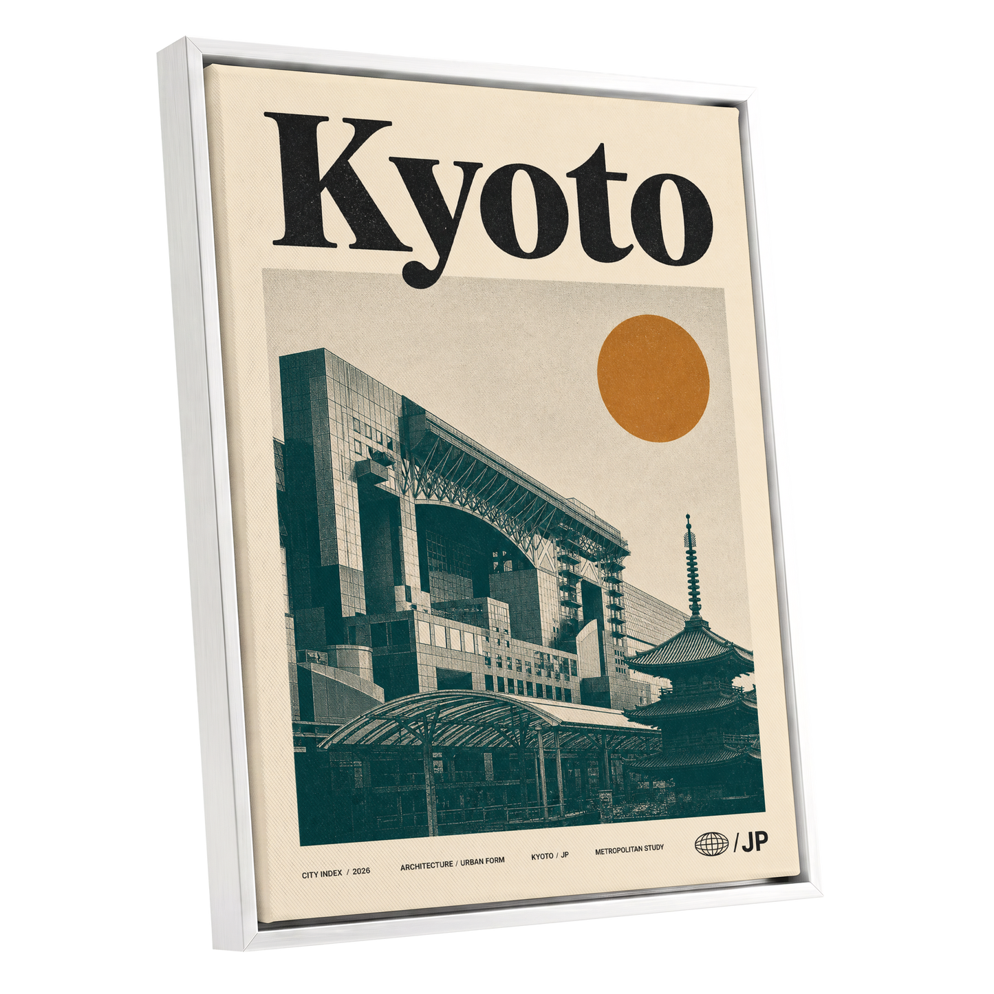 Kyoto Old Meets New, black, green, beige minimalist wall art shown as a white framed canvas wall art