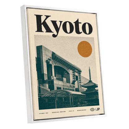 Kyoto Old Meets New, black, green, beige minimalist wall art shown as a white framed canvas wall art