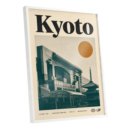 Kyoto Old Meets New, black, green, beige minimalist wall art shown as a white framed poster wall art print