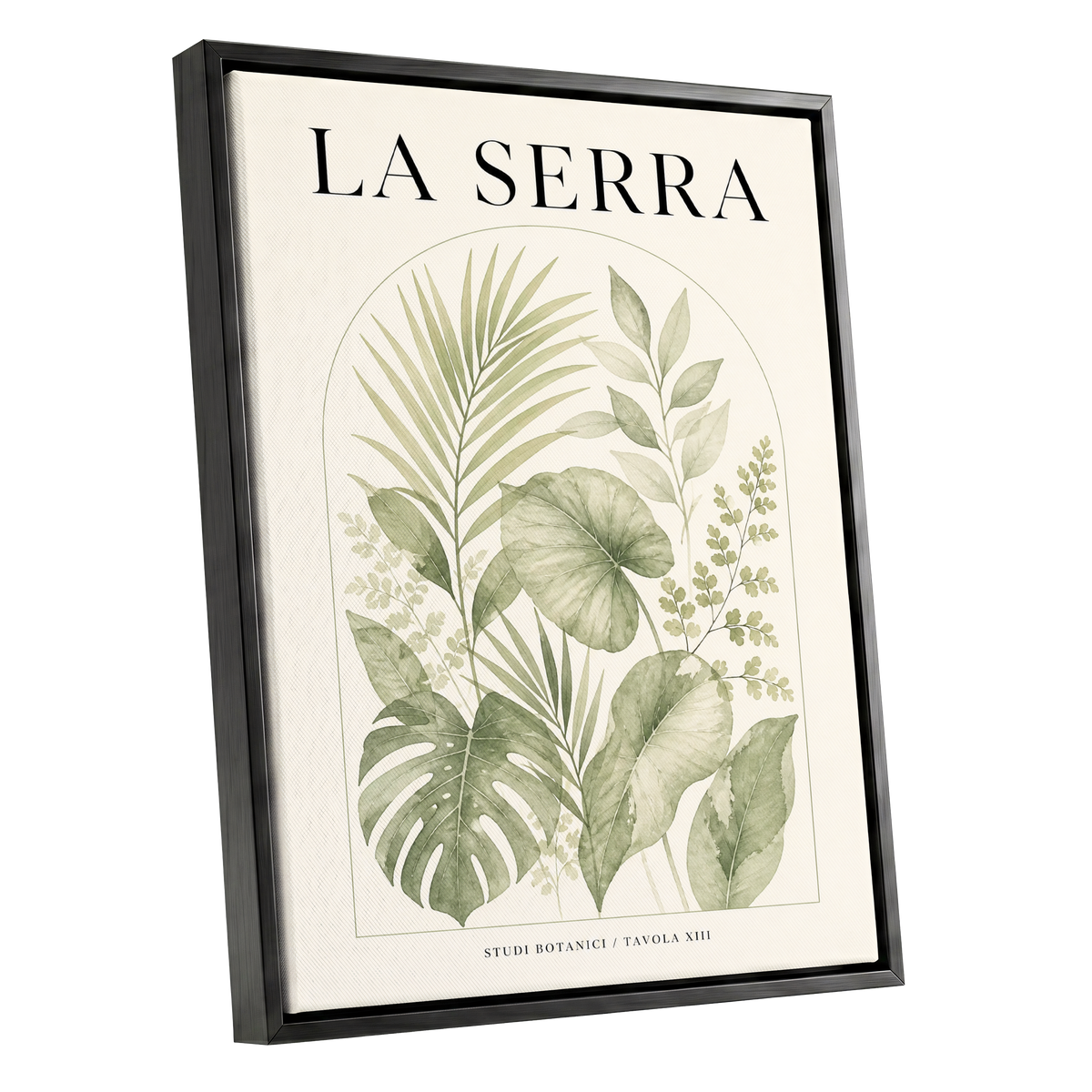 La Serra Canopy, green, beige, black nature wall art shown as a black framed canvas wall art