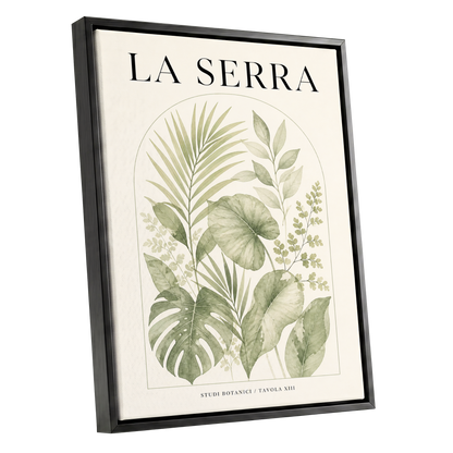 La Serra Canopy, green, beige, black nature wall art shown as a black framed canvas wall art